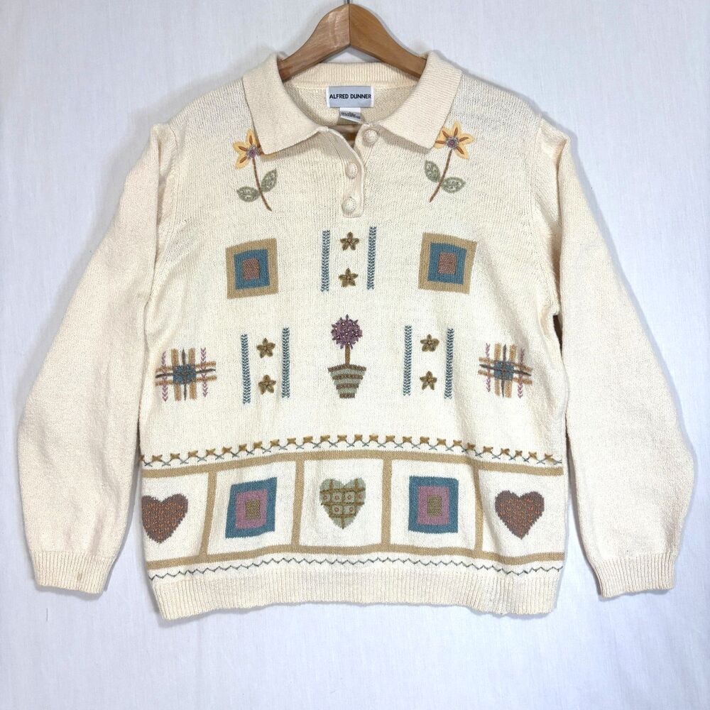 Vtg Alfred Dunner Sweater Womens Cream‎ Floral Embroidered Cottage Grandma Sz L
